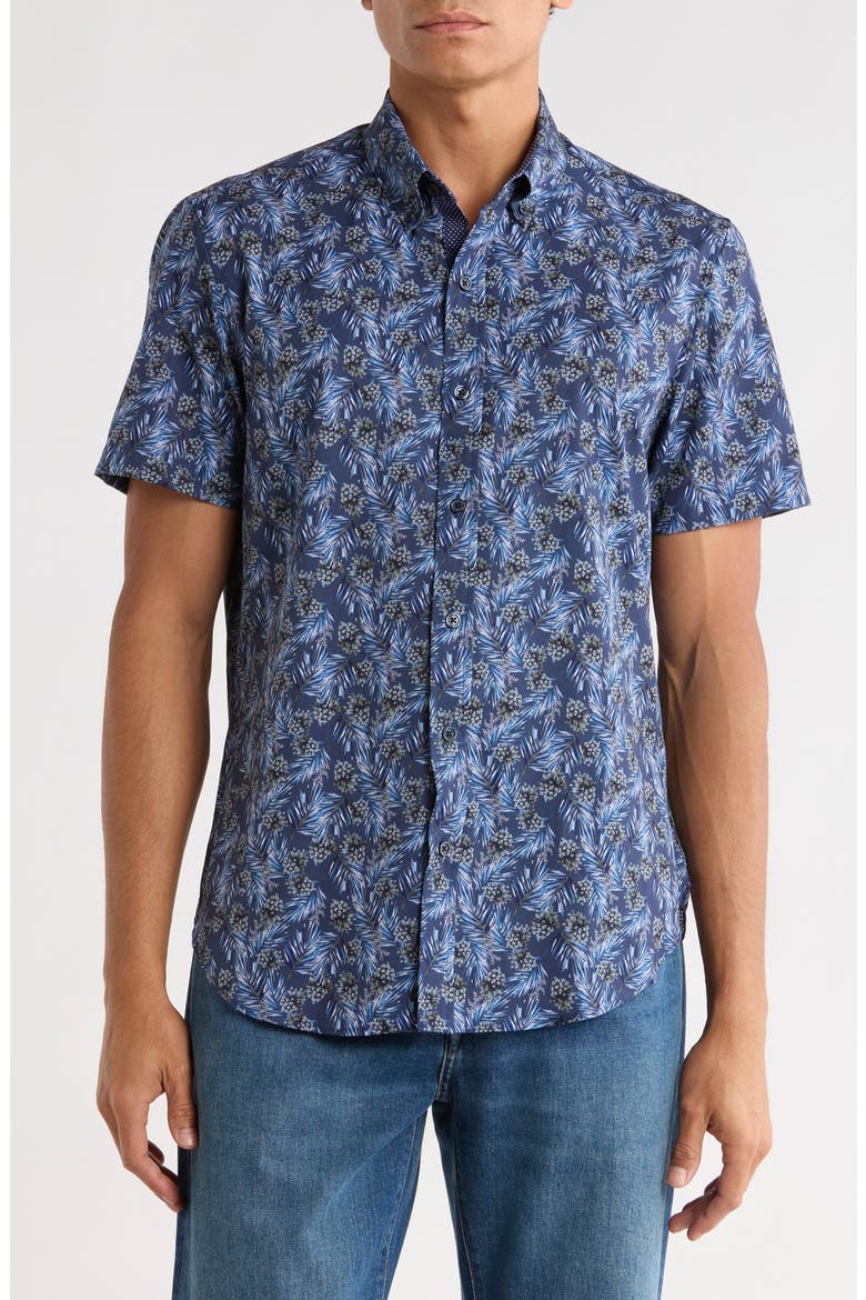 Slim Fit Pine Cone Print 4-Way Stretch Short Sleeve Shirt, Main, color, NAVY