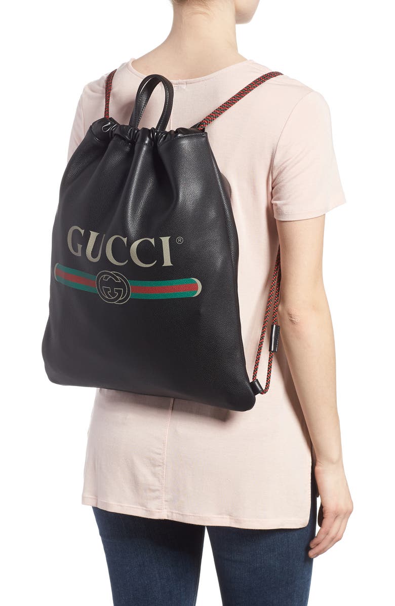 Gucci Logo Leather Drawstring Backpack, Alternate, color,