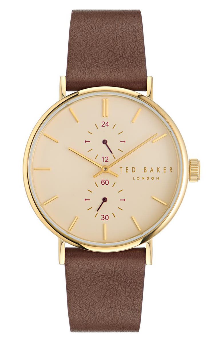 Ted Baker London Recycled Stainless Steel Leather Strap Watch, 41mm, Main, color,