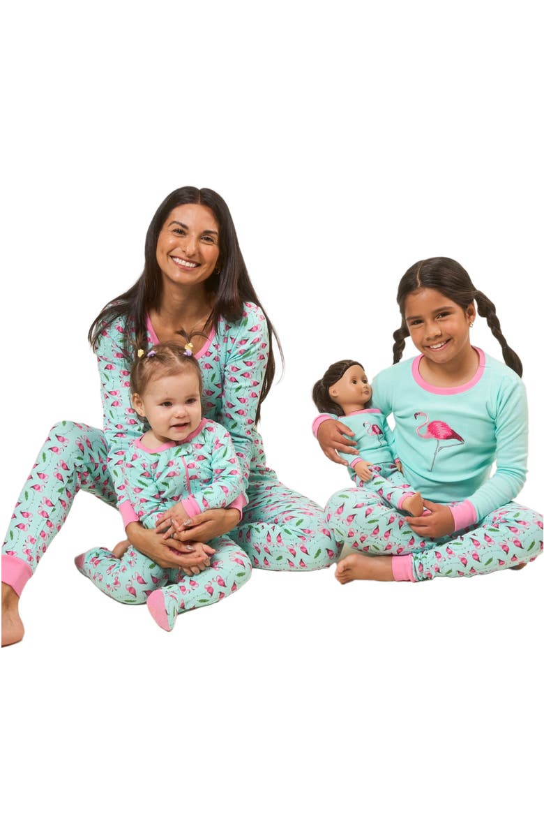 Leveret Kids Footed Printed Cotton Matching Family Pajamas, Animal Kingdom Prints, Alternate, color, Flamingo