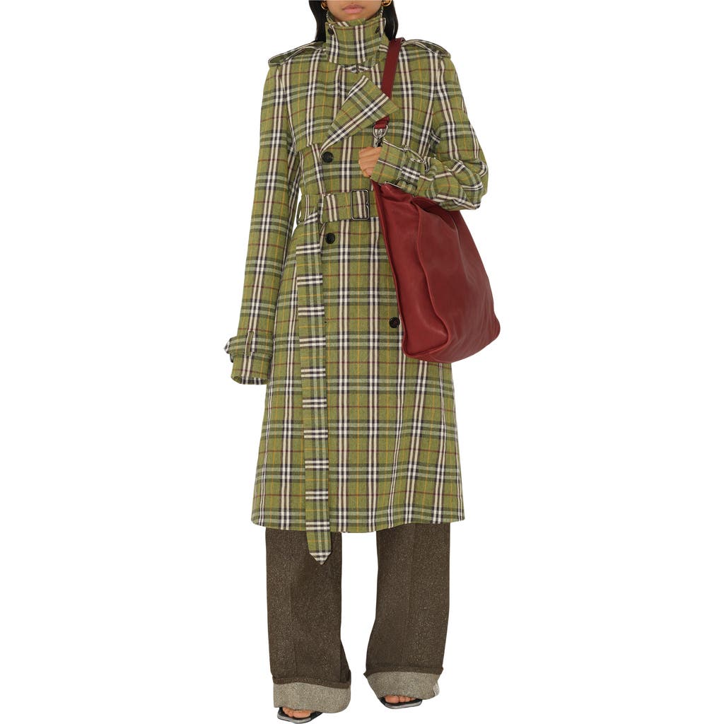 Shop Burberry Long Check Stretch Linen Trench Coat In Caper