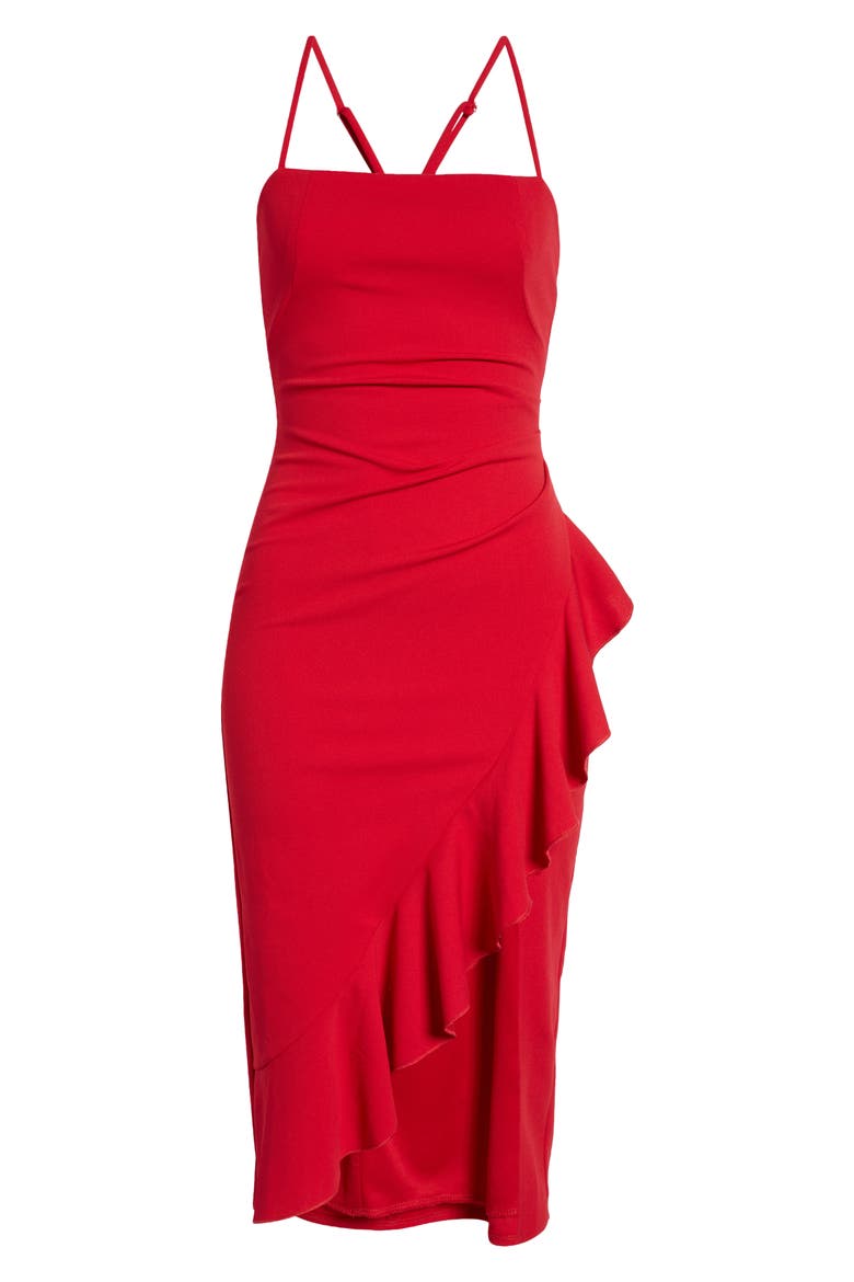 Square Neck Side Ruffle Midi Dress, Alternate, color, RED