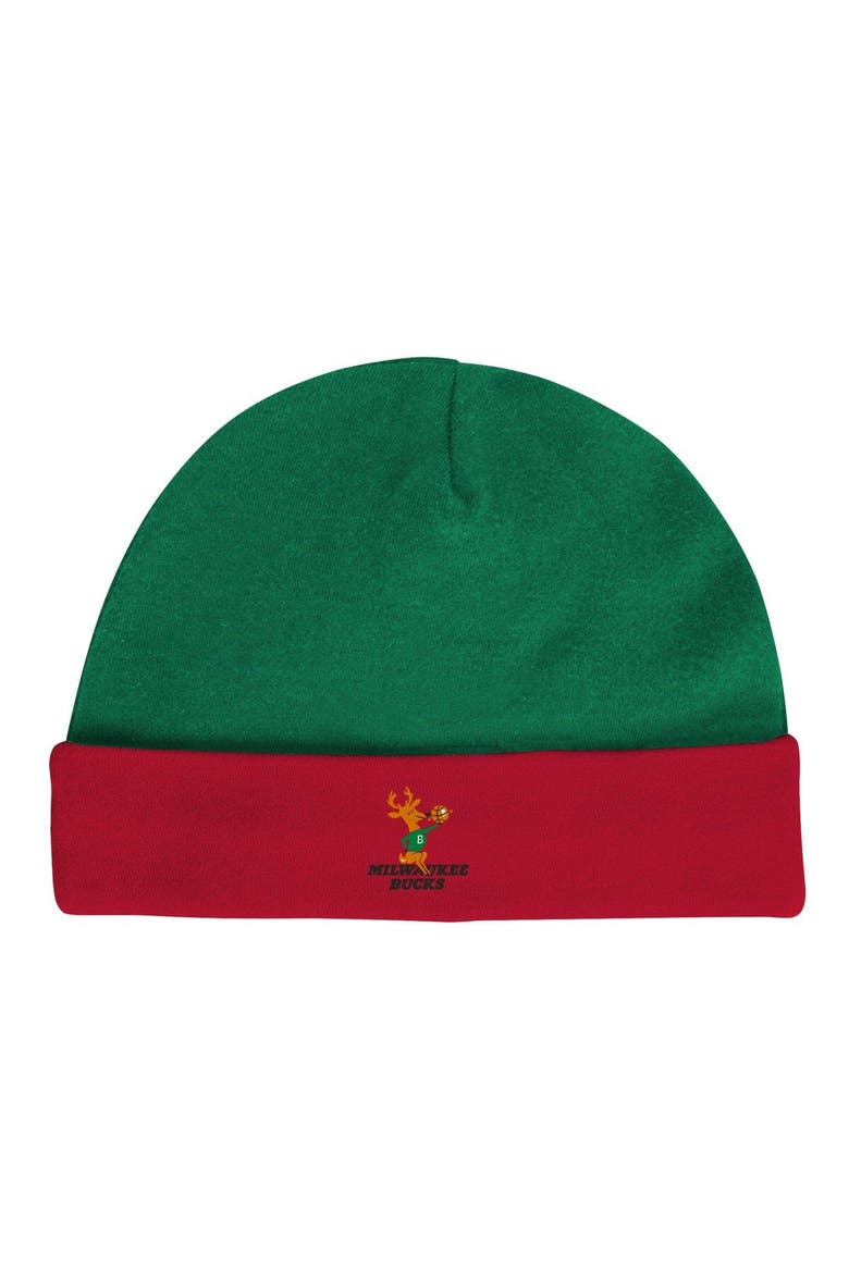 Infant Mitchell & Ness Hunter Green/Red Milwaukee Bucks Hardwood Classics Bodysuits & Cuffed Knit Hat Set, Alternate, color, Green