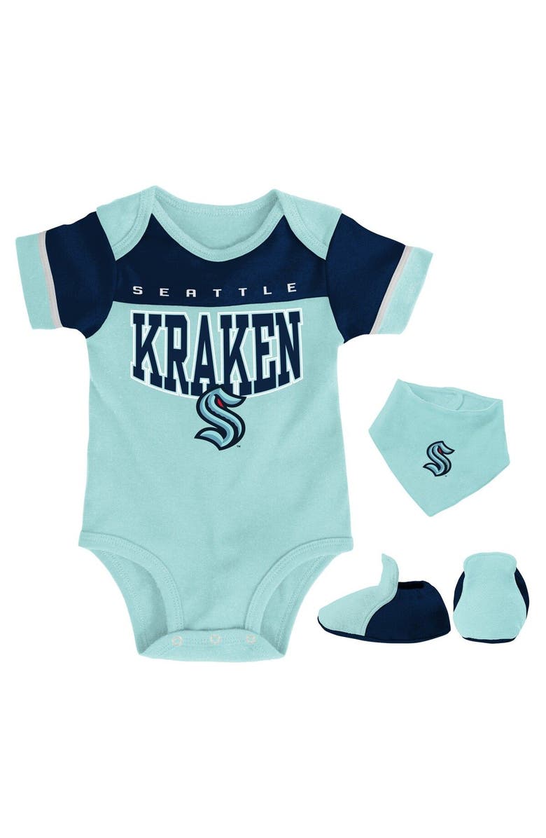 Outerstuff Newborn & Infant Ice Blue/Deep Sea Blue Seattle Kraken Puck Happy Bodysuit Bib & Booties Set, Main, color,
