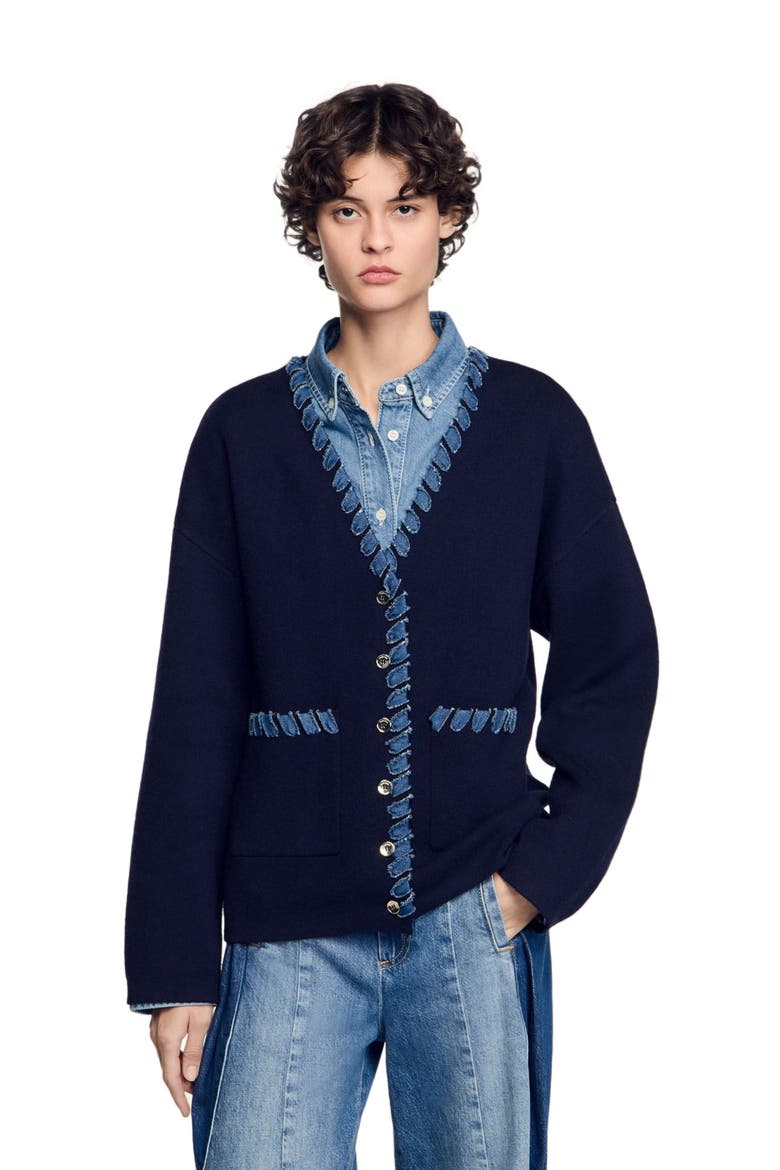 Cardigan with denim details, Alternate, color, Navy blue