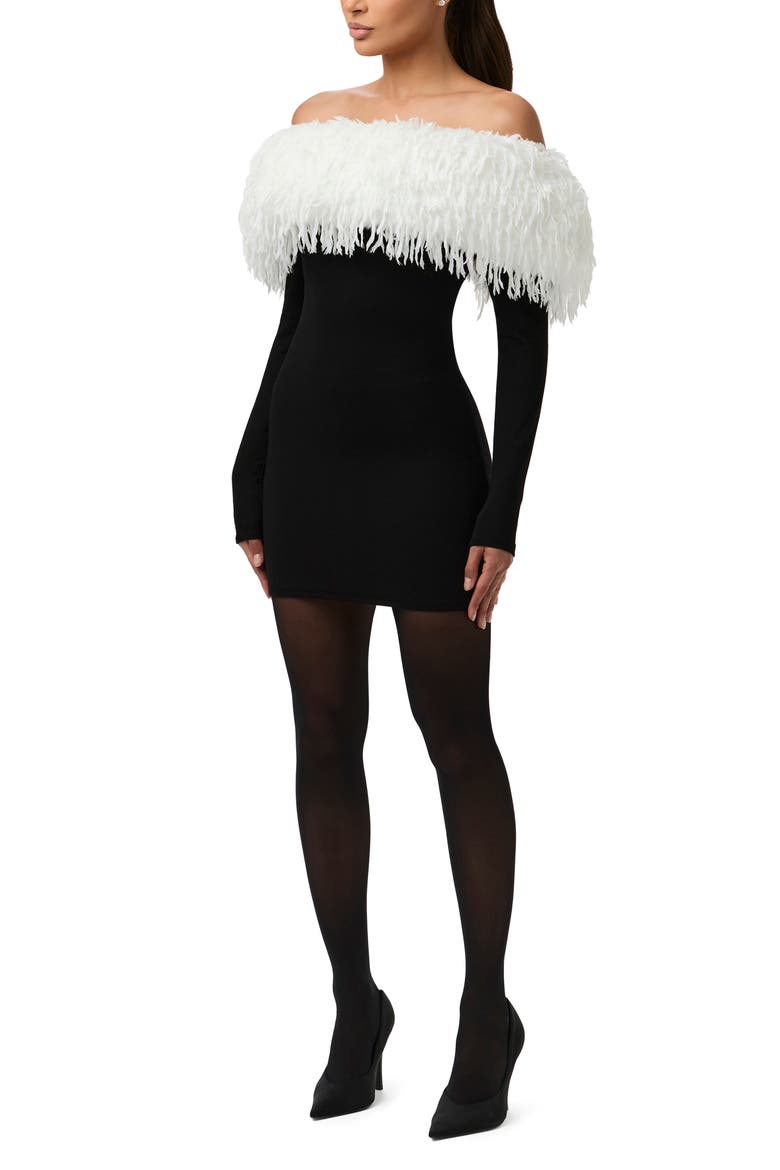 Butter Faux Feather Trim Off the Shoulder Long Sleeve Minidress, Alternate, color, BLACK / WHITE