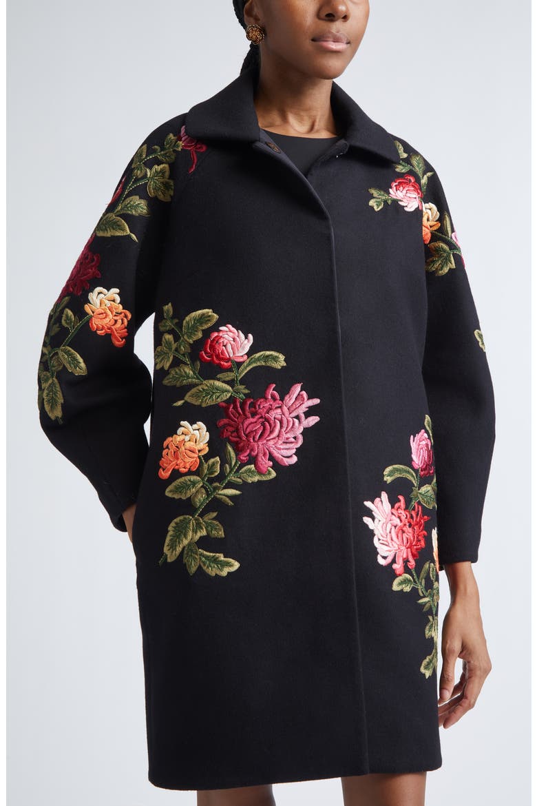 Chrysanthemum Embroidered Double Face Virgin Wool Cocoon Coat, Alternate, color, BLACK MULTI