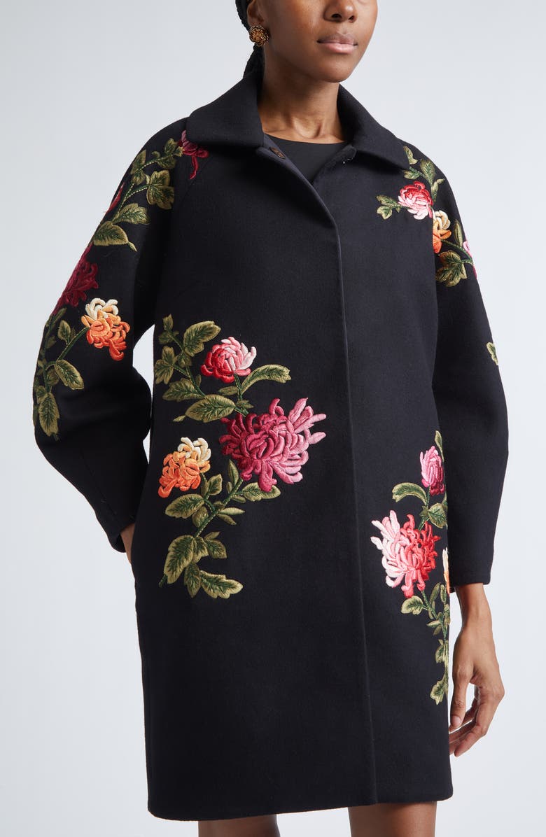 Carolina Herrera Chrysanthemum Embroidered Double Face Virgin Wool Cocoon Coat, Alternate, color, Black Multi