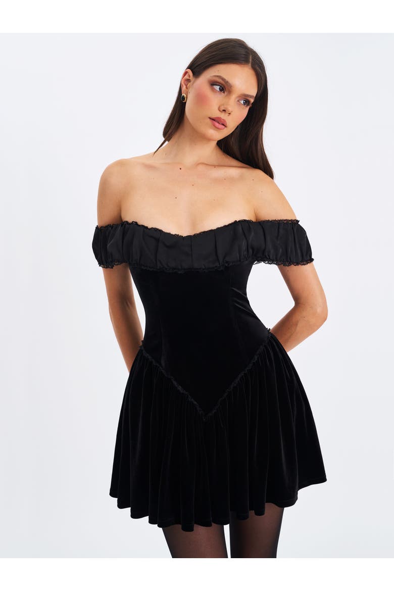 Daisha Lace Trimmed Off-Shoulder Ruched Mini Dress, Alternate, color, Black