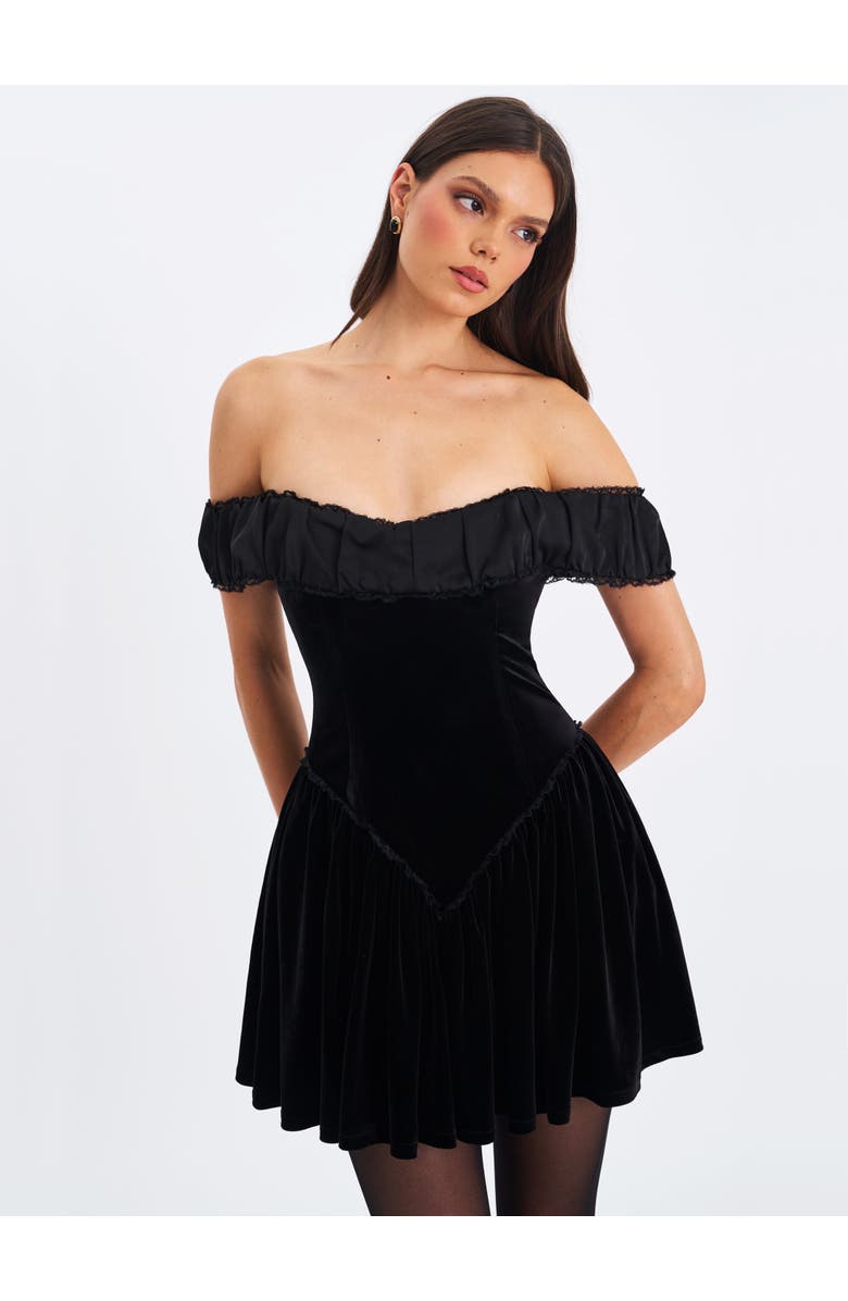 Miss Circle Daisha Lace Trimmed Off-Shoulder Ruched Mini Dress, Alternate, color, Black