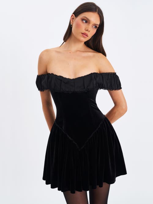 Miss Circle Daisha Lace Trimmed Off-shoulder Ruched Mini Dress In Black