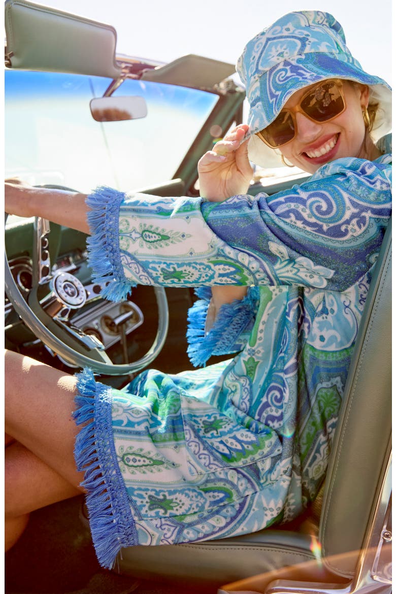 Maya Fringe Trim Terry Tunic Dress, Alternate, color, GRASS/ LAPIS BLUE