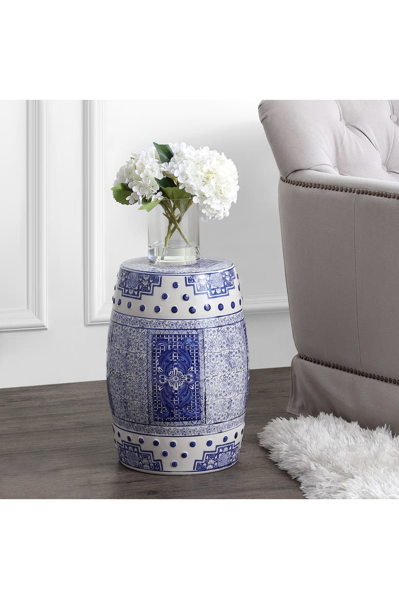 Acanthus Traditional Floral Chinoiserie Ceramic Drum Garden Stool, Pierced Indoor/Outdoor Patio Seat & Side Table, Alternate, color, Blue/White