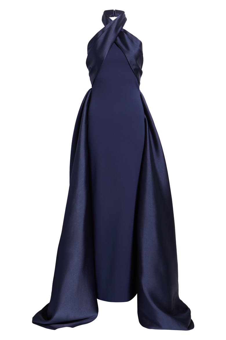 Rumi Mixed Media Halter Gown, Alternate, color, NAVY