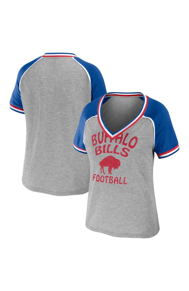 WEAR by Erin Andrews Women's WEAR by Erin Andrews Heather Gray Buffalo Bills Cropped Raglan Throwback V-Neck T-Shirt, Main, color, Heather Gray