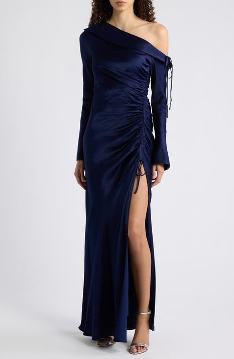 La Lune One-Shoulder Long Sleeve Satin Gown