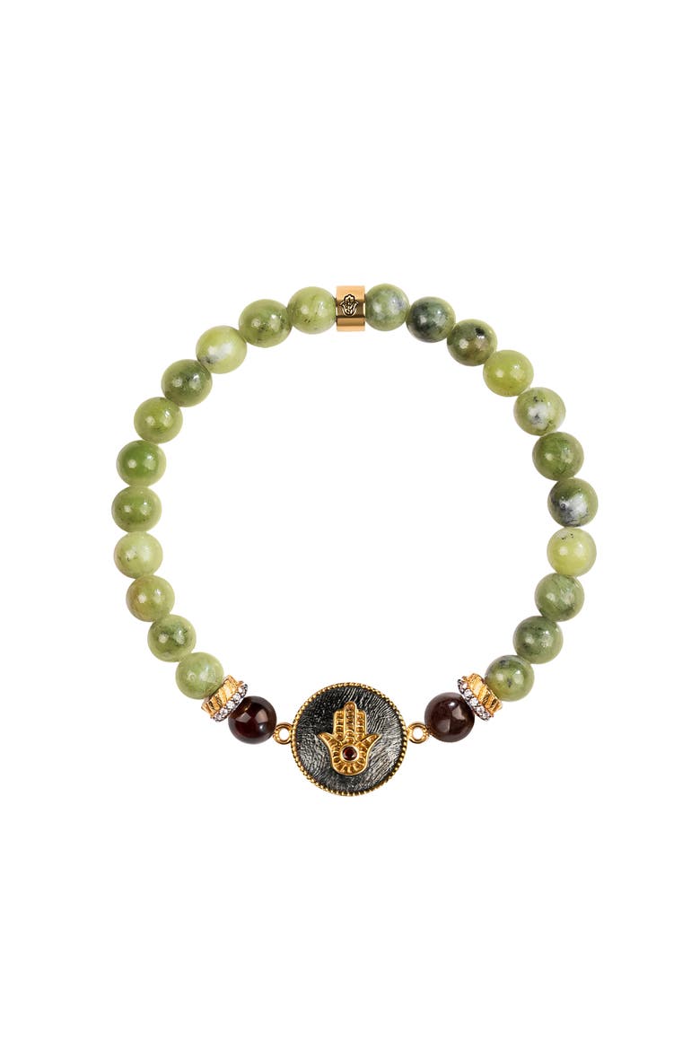 Transportive Energy Jade Stone Hamsa Bracelet, Main, color, Green/burgundy