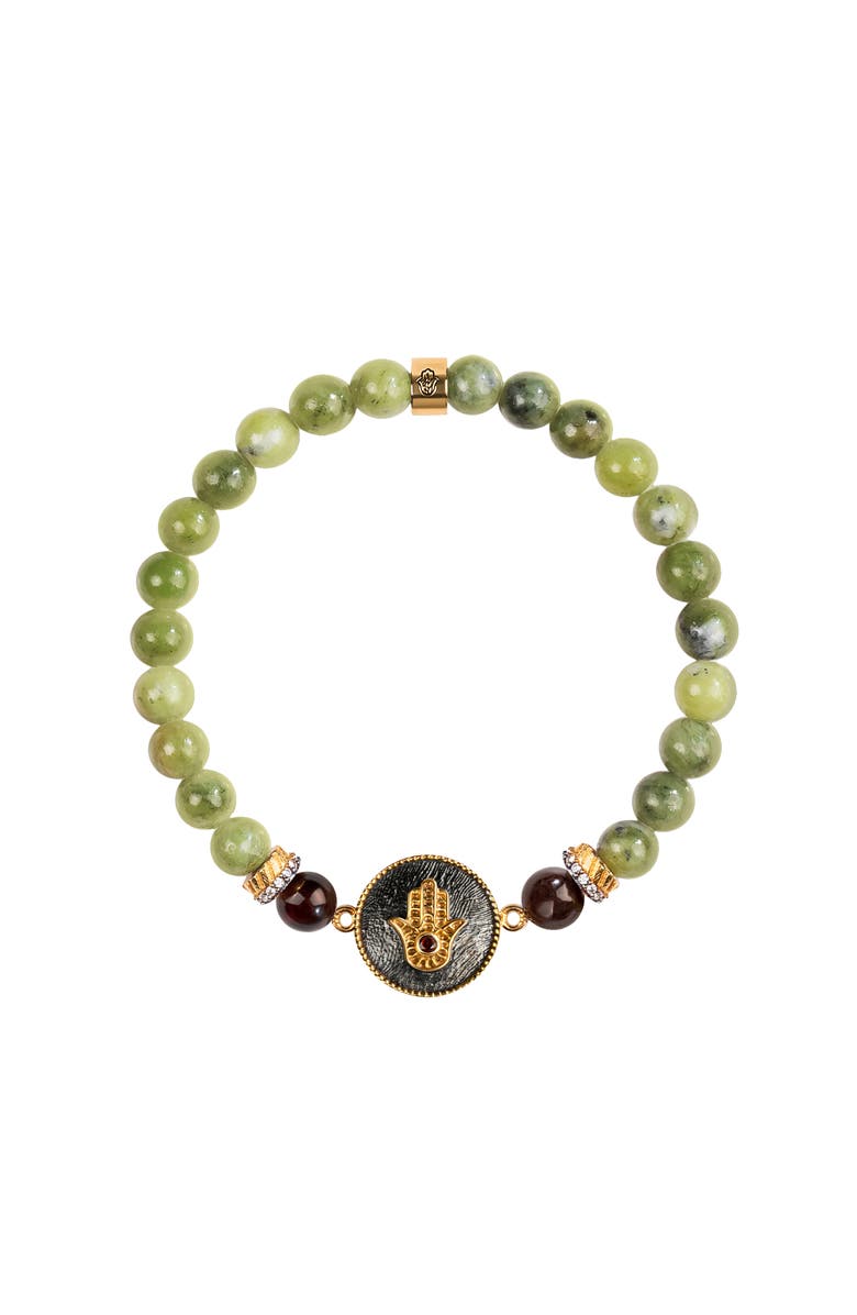 Karma and Luck Transportive Energy Jade Stone Hamsa Bracelet, Main, color, Green/Burgundy