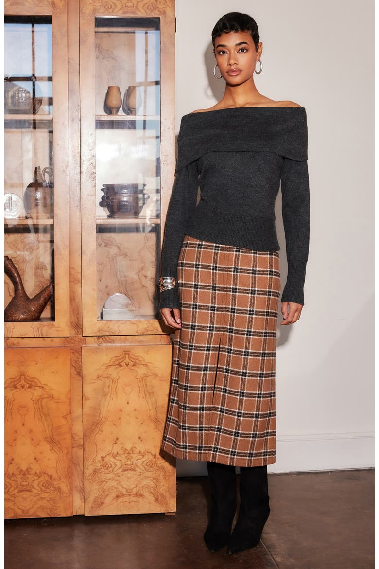 Kaia Plaid Midi Skirt, Alternate, color, BROWN PLAID