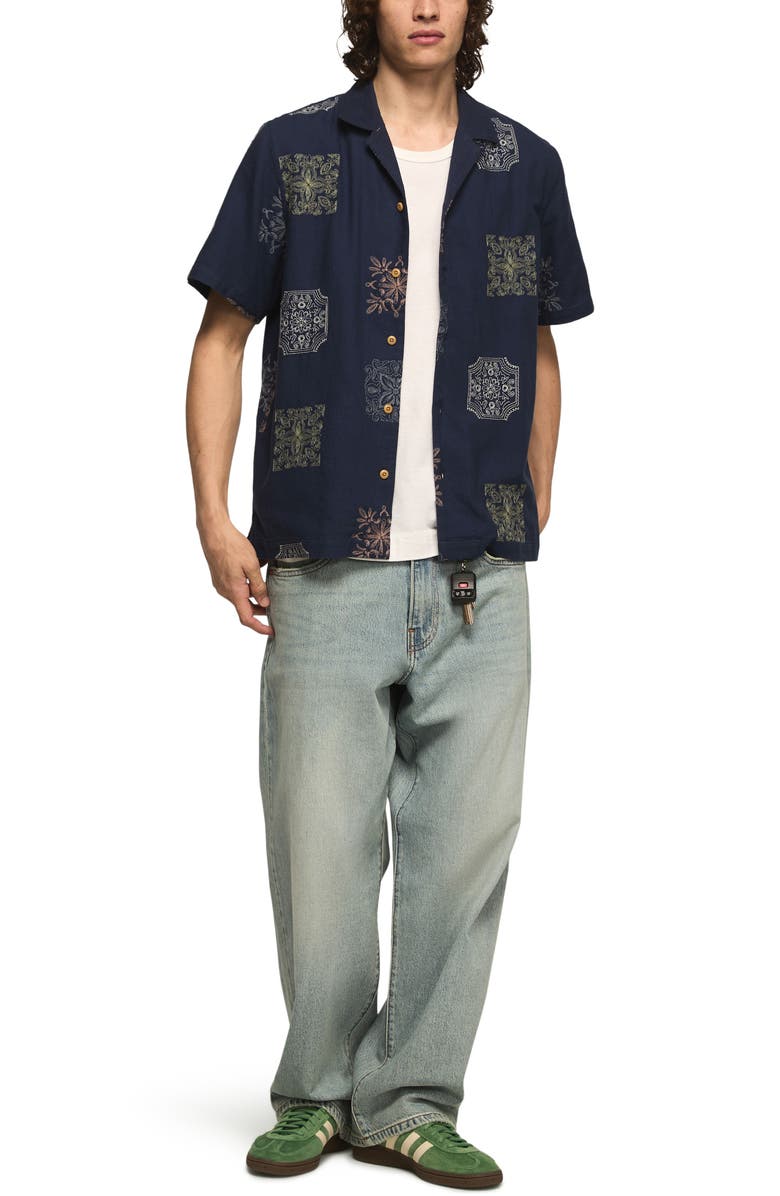 Lucky Brand Embridered Tile Pattern Cotton Camp Shirt, Alternate, color, Blue Multi
