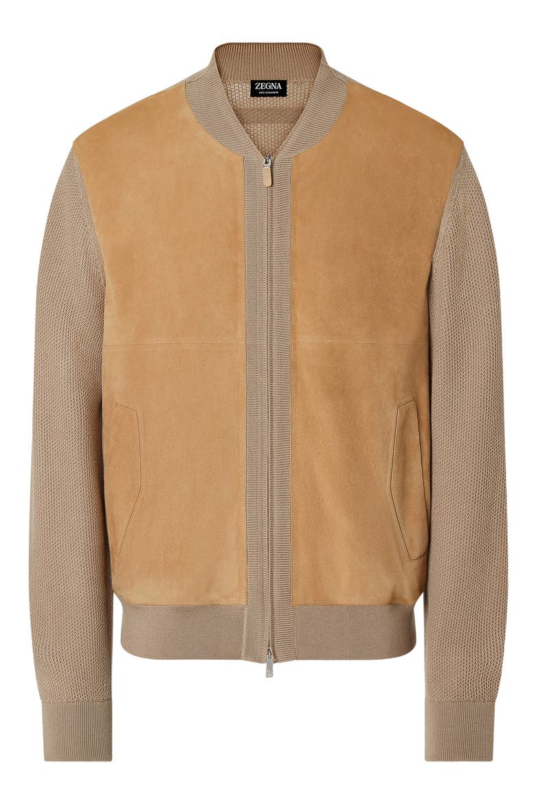 Beige Cashmere & Suede Bomber Jacket, Alternate, color, BEIGE