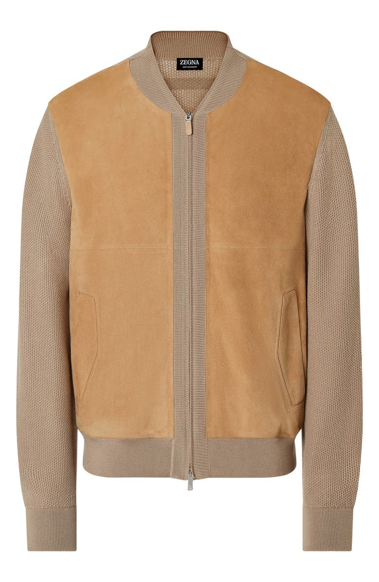 ZEGNA Beige Cashmere & Suede Bomber Jacket, Alternate, color, Beige