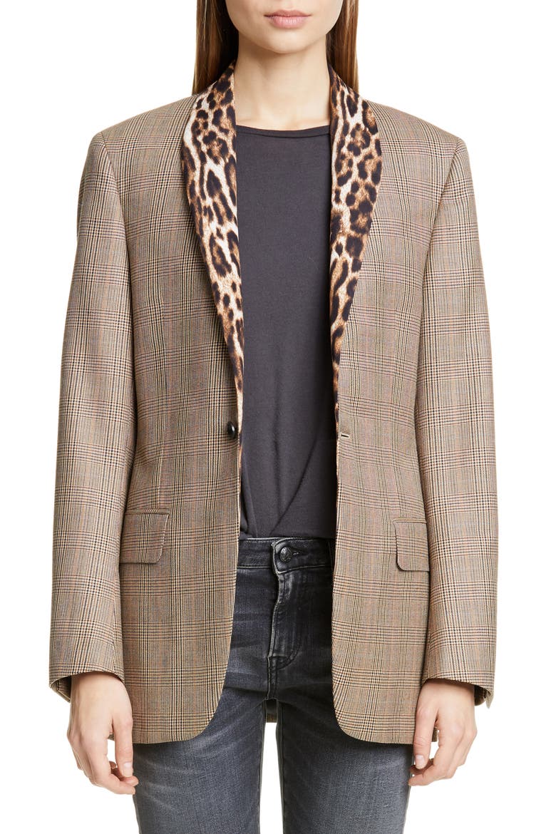 Mixed Print Shawl Collar Jacket, Main, color, BROWN GLENPLAID W/ LEOPARD
