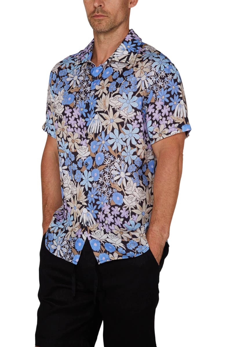 Lords of Harlech Rough Floral Short Sleeve Fine Linen Shirt, Alternate, color, Rough Floral Black