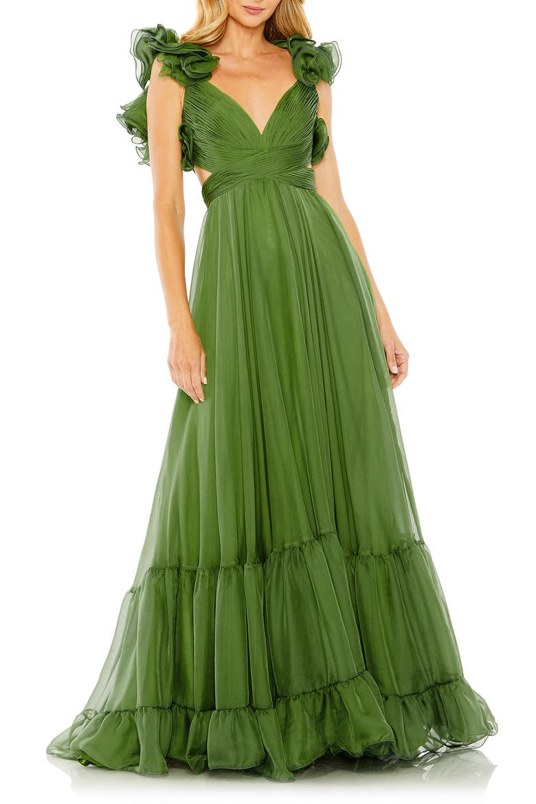 Rosette Chiffon Cutout Empire Waist Gown, Main, color, THYME