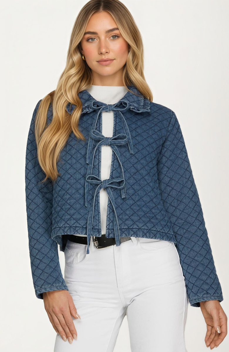 Knit and Lounge Quilted Bow Front Denim Jacket, Main, color,