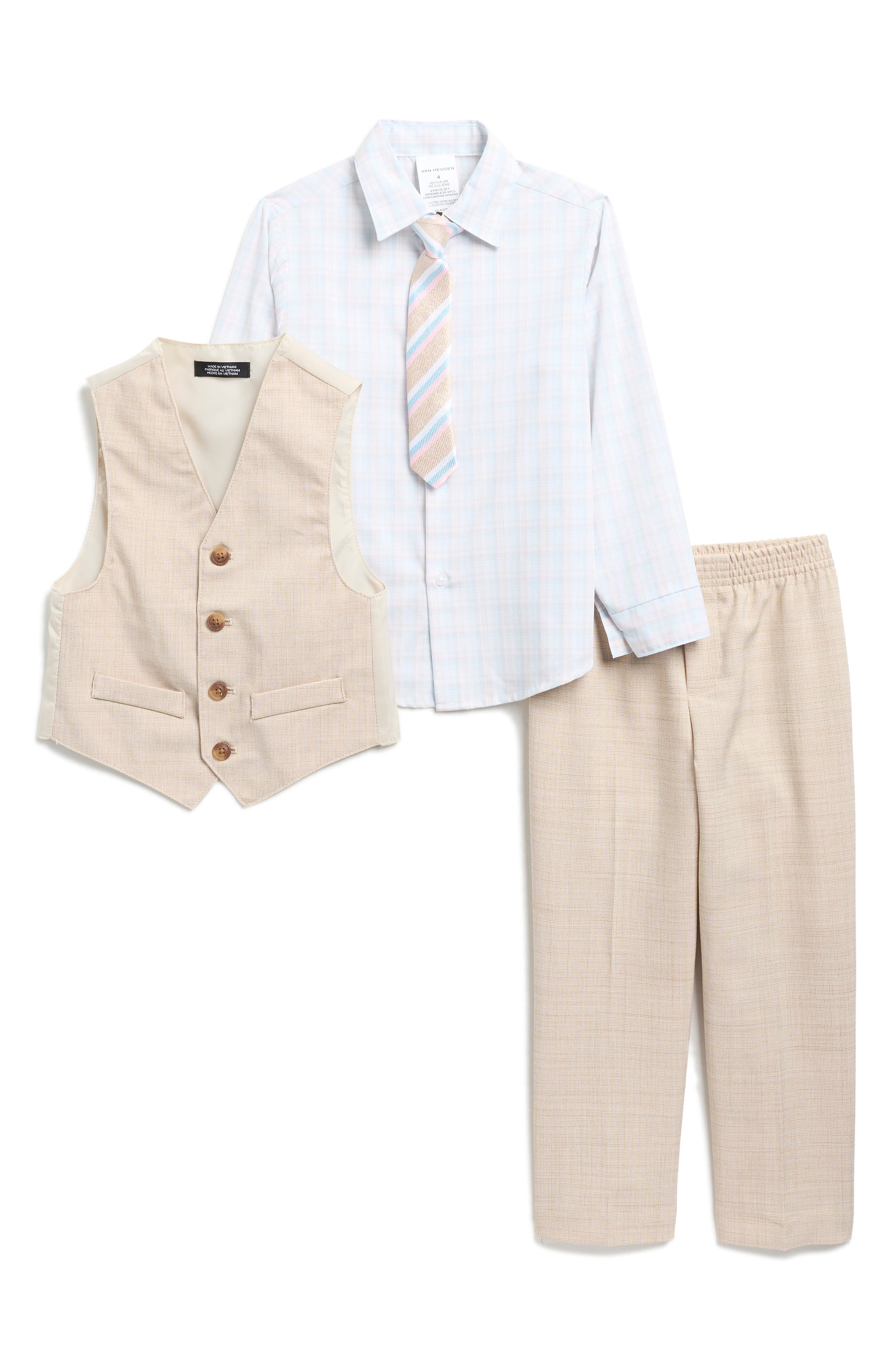 VAN HEUSEN Kids' Plaid Button-Up Shirt, Slub Texture Pants, Vest & Tie Set