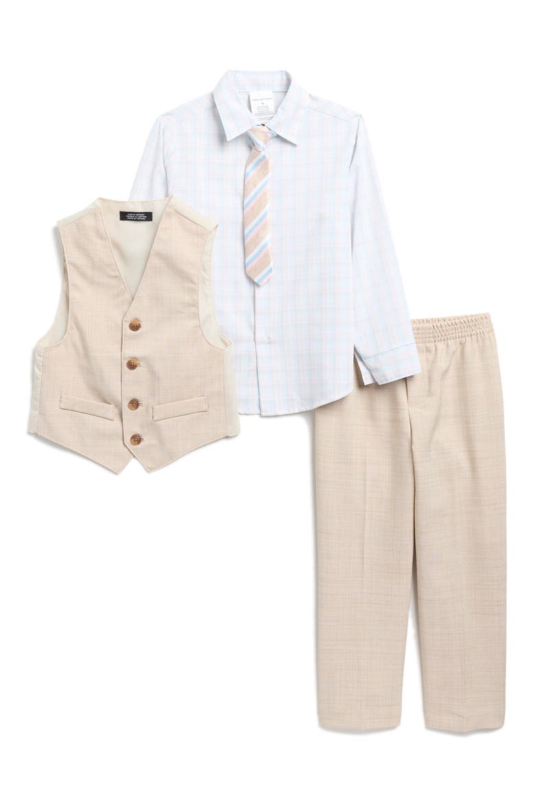 Kids' Plaid Button-Up Shirt, Slub Texture Pants, Vest & Tie Set, Main, color, KHAKI
