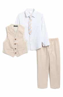 VAN HEUSEN Kids' Plaid Button-Up Shirt, Slub Texture Pants, Vest & Tie Set