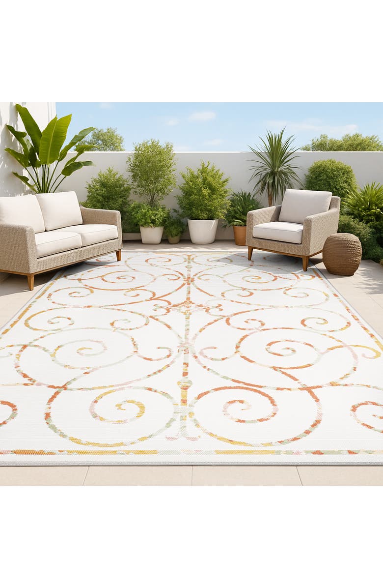 JONATHAN Y Danae Classic Cottage Filigree Scroll Reversible Machine-Washable Indoor/Outdoor Area Rug, Alternate, color, Cream/Terra