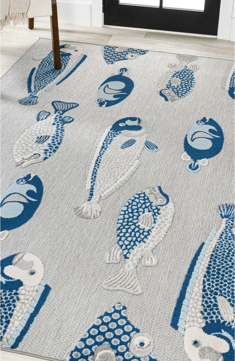 JONATHAN Y Algarve Modern Fish High-Low Indoor/Outdoor Area Rug, Alternate, color, Gray/Navy