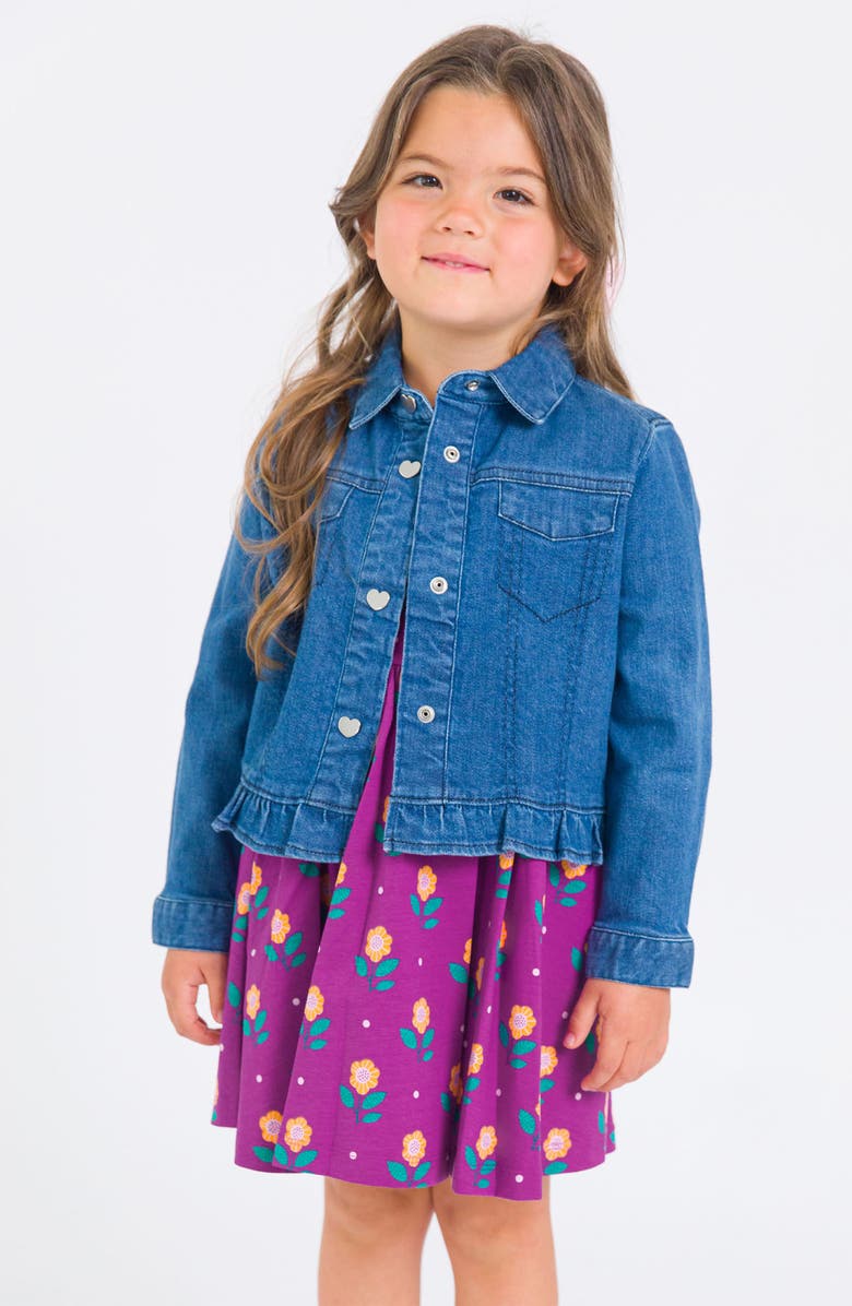 RuffleButts Kids' Ruffle Hem Denim Jacket, Alternate, color, Blue