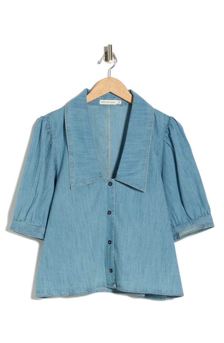 Avec Les Filles Sailor Collar Puff Sleeve Button-Up Shirt, Alternate, color, Light Wash
