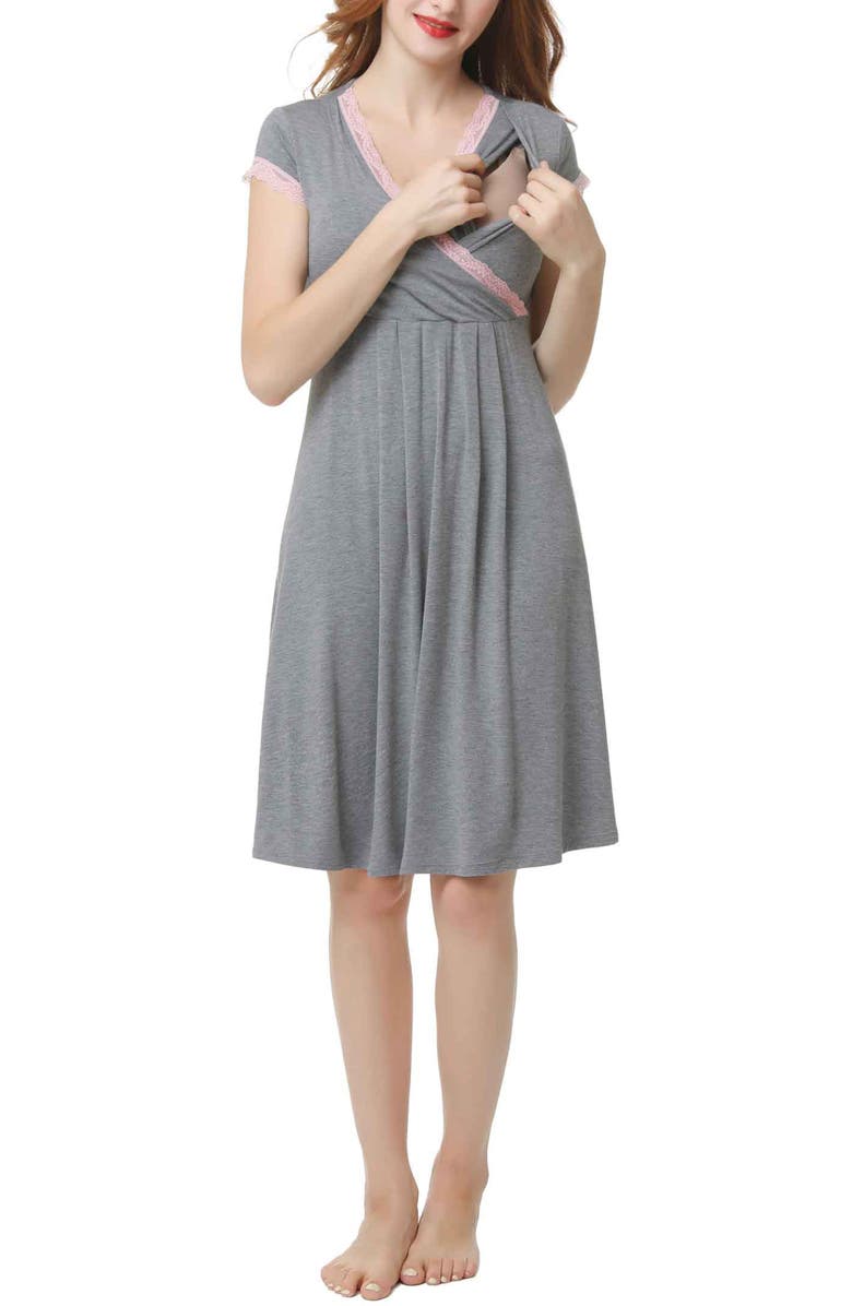 Kimi & Kai Jenny Maternity/Nursing Nightgown, Alternate, color, Dark Heather Gray