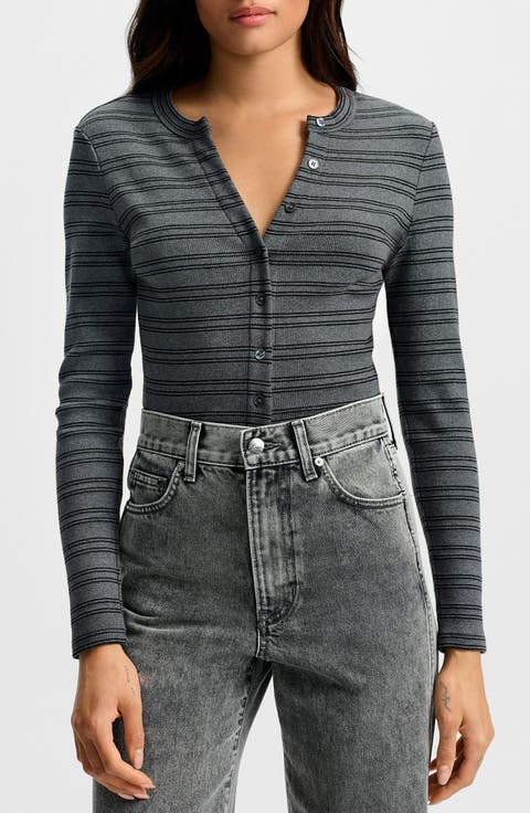 Dilia Metallic Stripe Stretch Cotton Blend Top