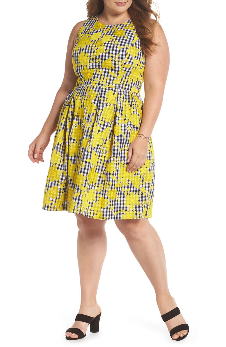 1901 Embroidered Gingham Fit & Flare Dress, Main, color,