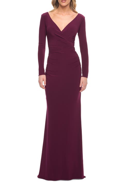 Long Sleeve Jersey Evening Dress with Ruching