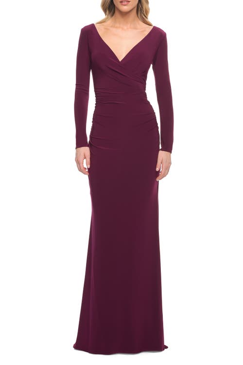 La Femme Long Sleeve Jersey Evening Dress With Ruching In Dark Berry