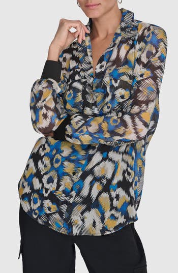 DKNY DKNY FLORAL PRINT LONG SLEEVE CHIFFON SHIRT