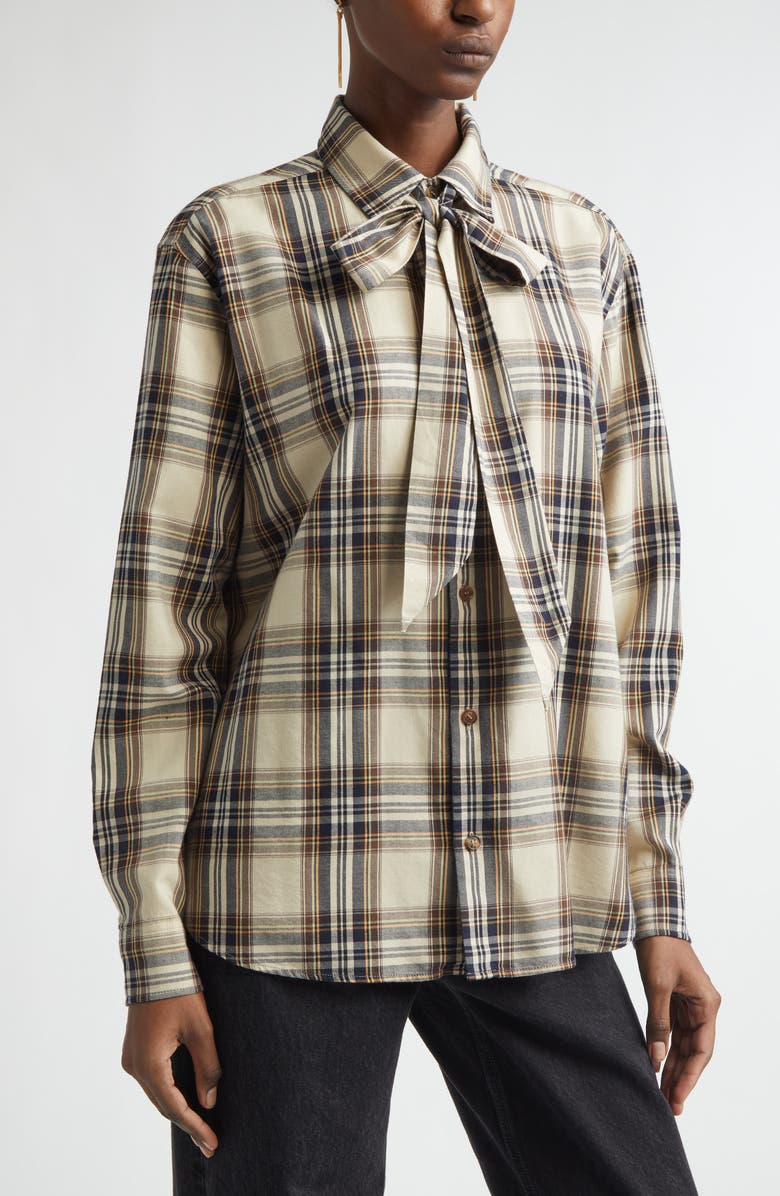 Saint Laurent Relaxed Plaid Tie Neck Button-Up Shirt, Alternate, color, Brighton Checks