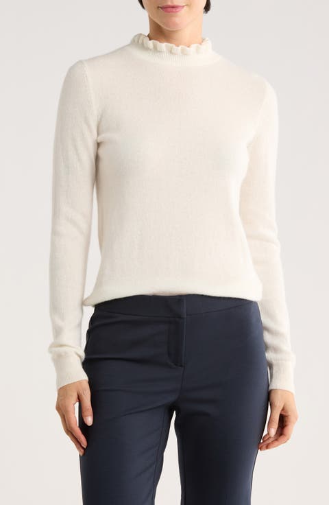 Ruffle Mock Neck Cashmere Sweater