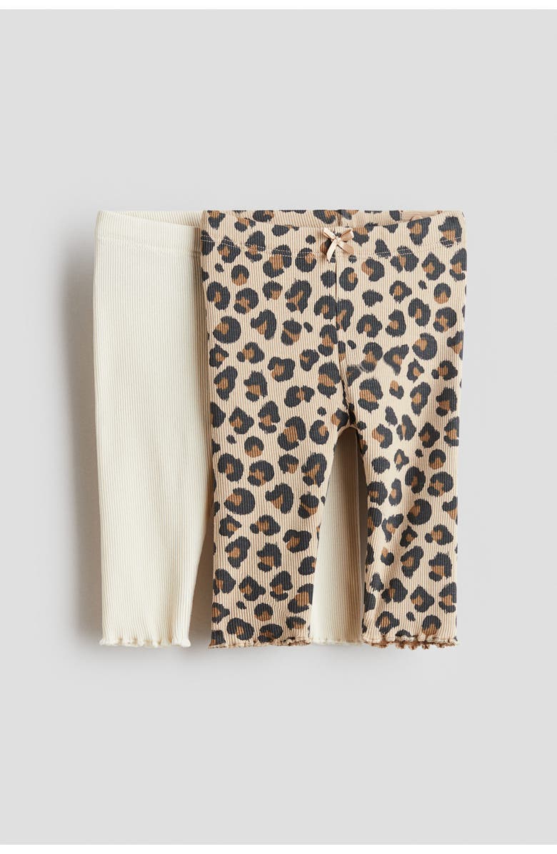 H&M 2-pack Ribbed Cotton Leggings, Main, color, Cream/Leopard Print