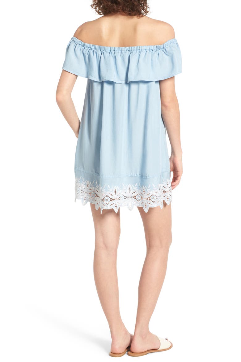 Embroidered Chambray Off the Shoulder Dress, Alternate, color, LIGHT WASH