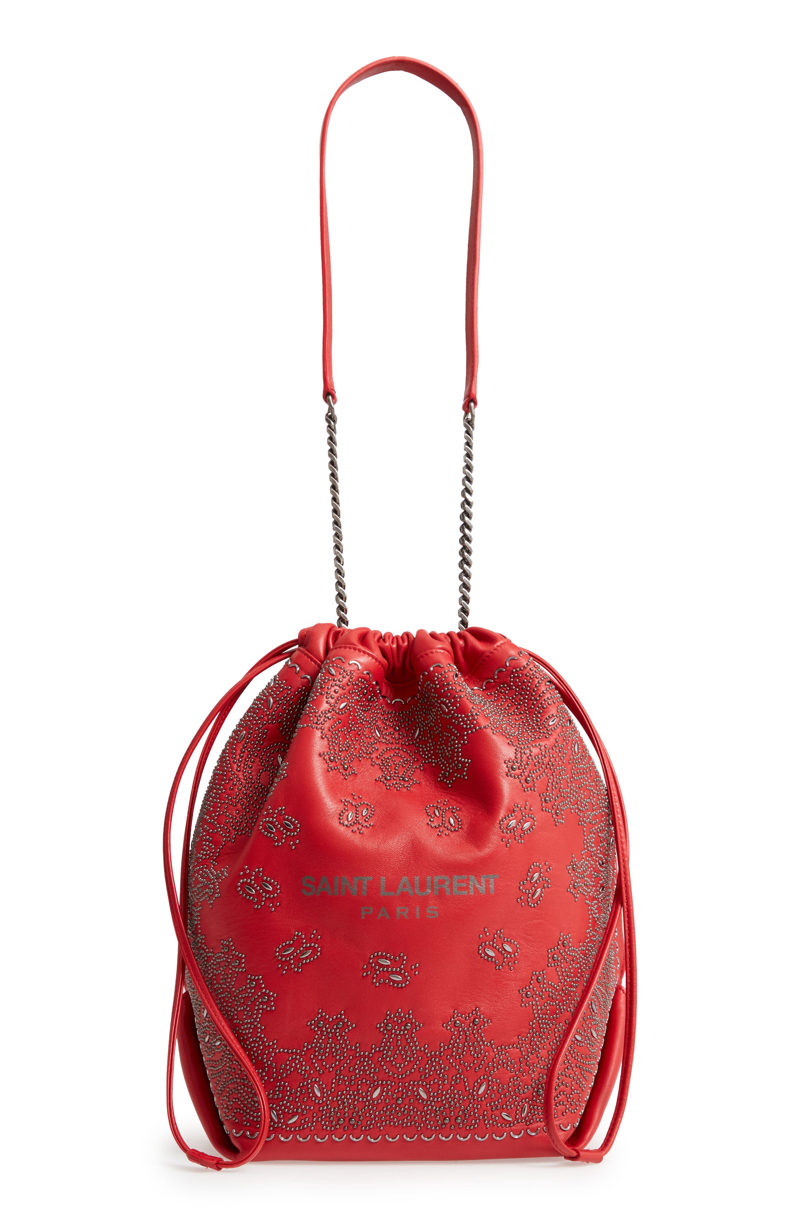 Saint Laurent Teddy Bandana Studded Leather Bucket Bag, Main, color, 