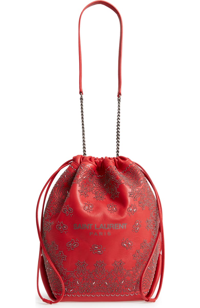 Saint Laurent Teddy Bandana Studded Leather Bucket Bag, Main, color,