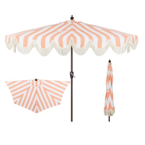 Beverly 9 ft. Designer Classic Scalloped Fringe Half Market Patio Umbrella with Crank, Push Button Tilt and UV Protection
